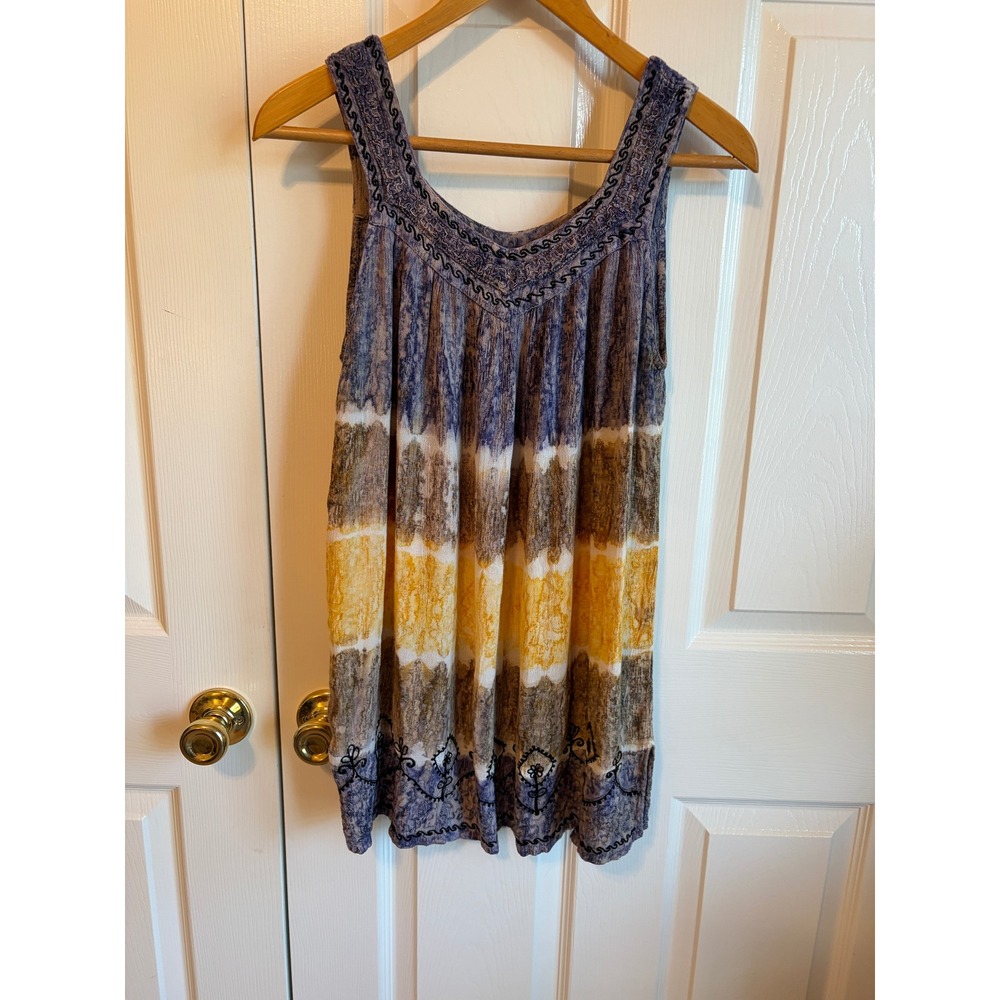 Boho Tie Dye Embroidered Sleeveless Tunic Top Blue Yellow Brown Scoop Neck